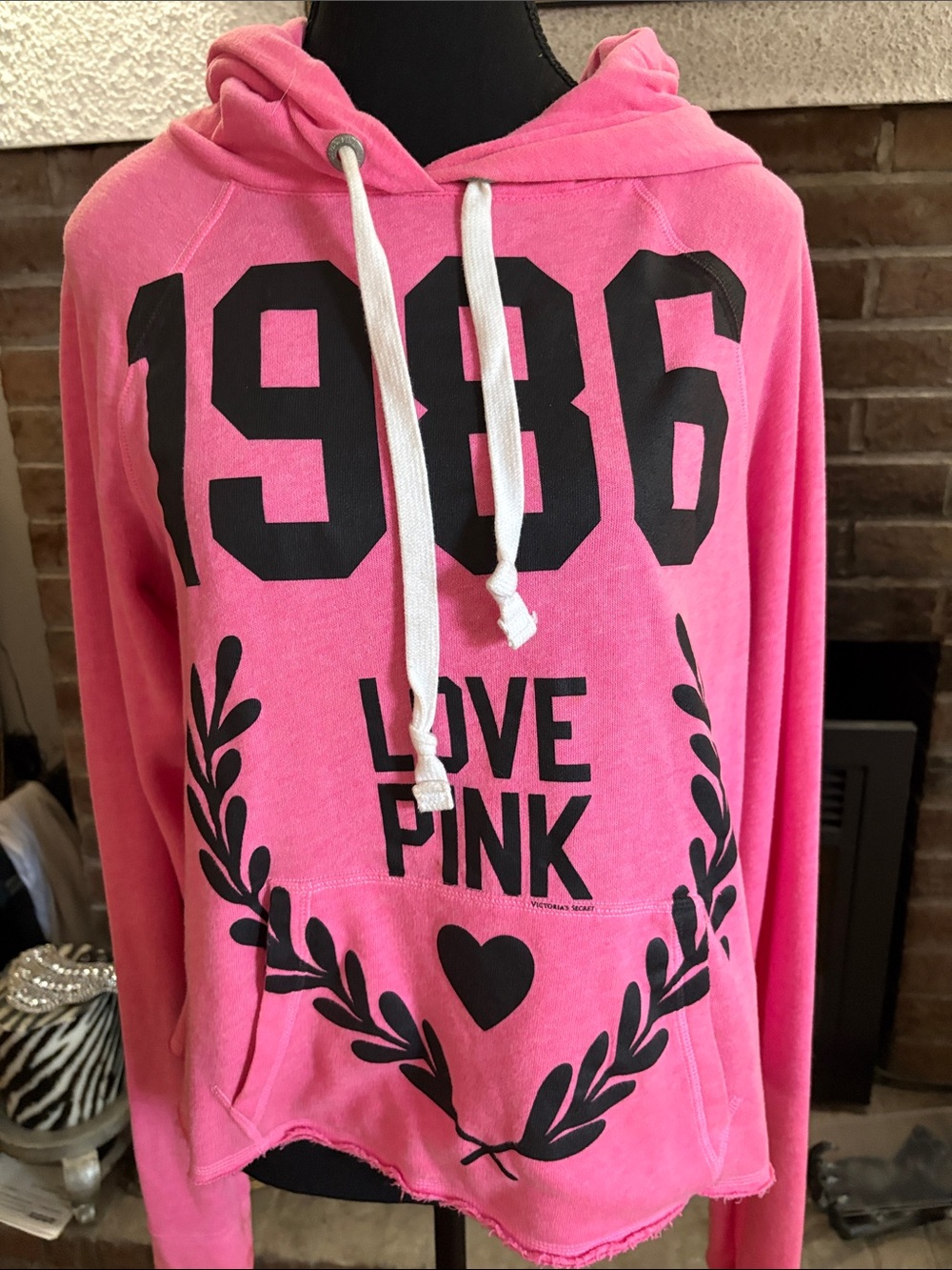PINK Victoria's Secret Hot Pink Hooded Sweatshirt with Black Graphic